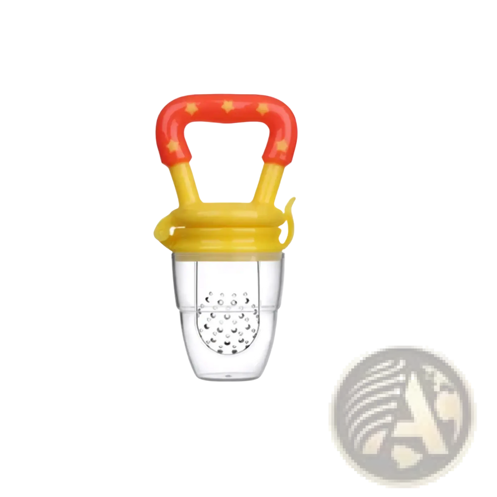 Silicone baby fruit feeder and teether spoon with a clear plastic feeder and red yellow star patterned handle