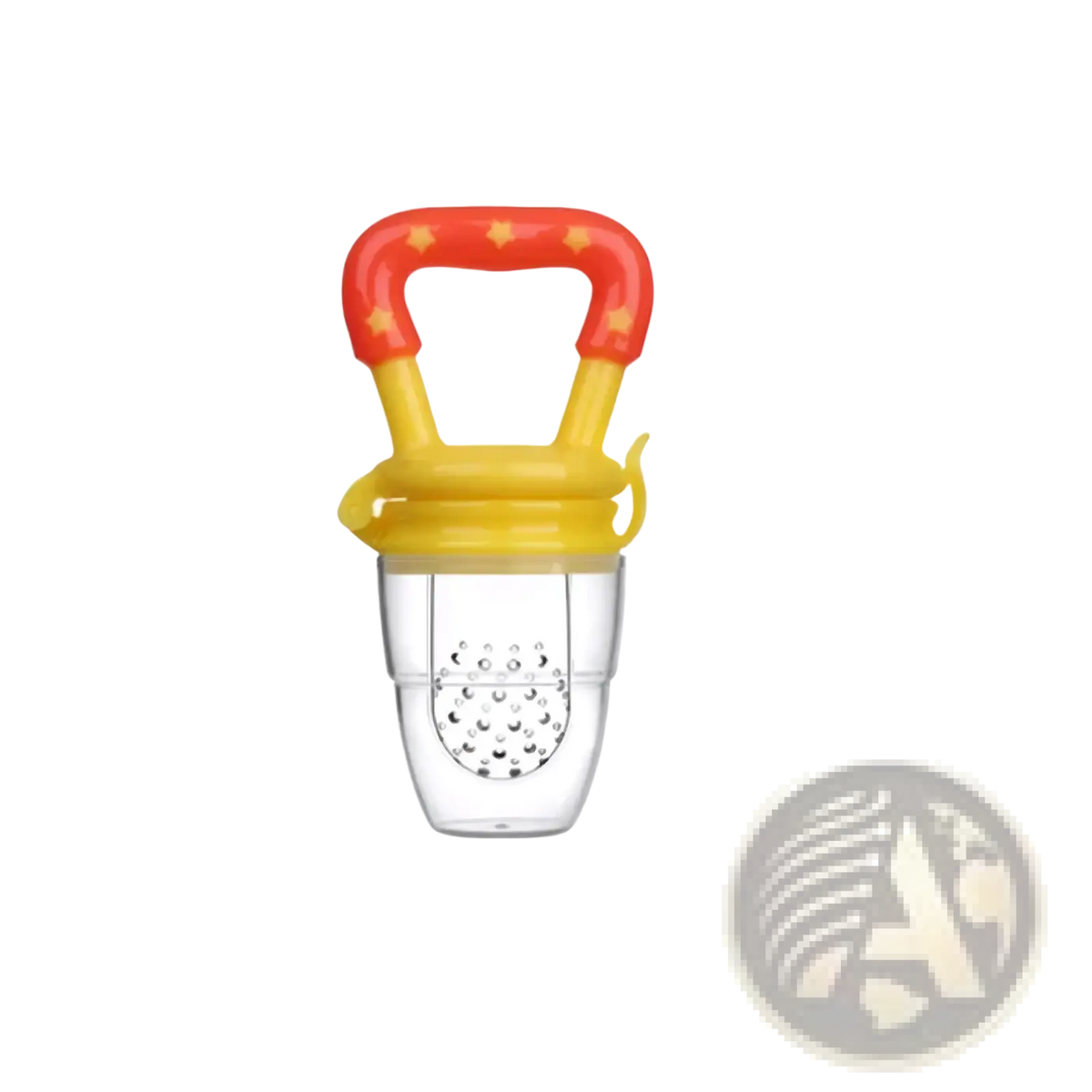 Silicone baby fruit feeder and teether spoon with a clear plastic feeder and red yellow star patterned handle