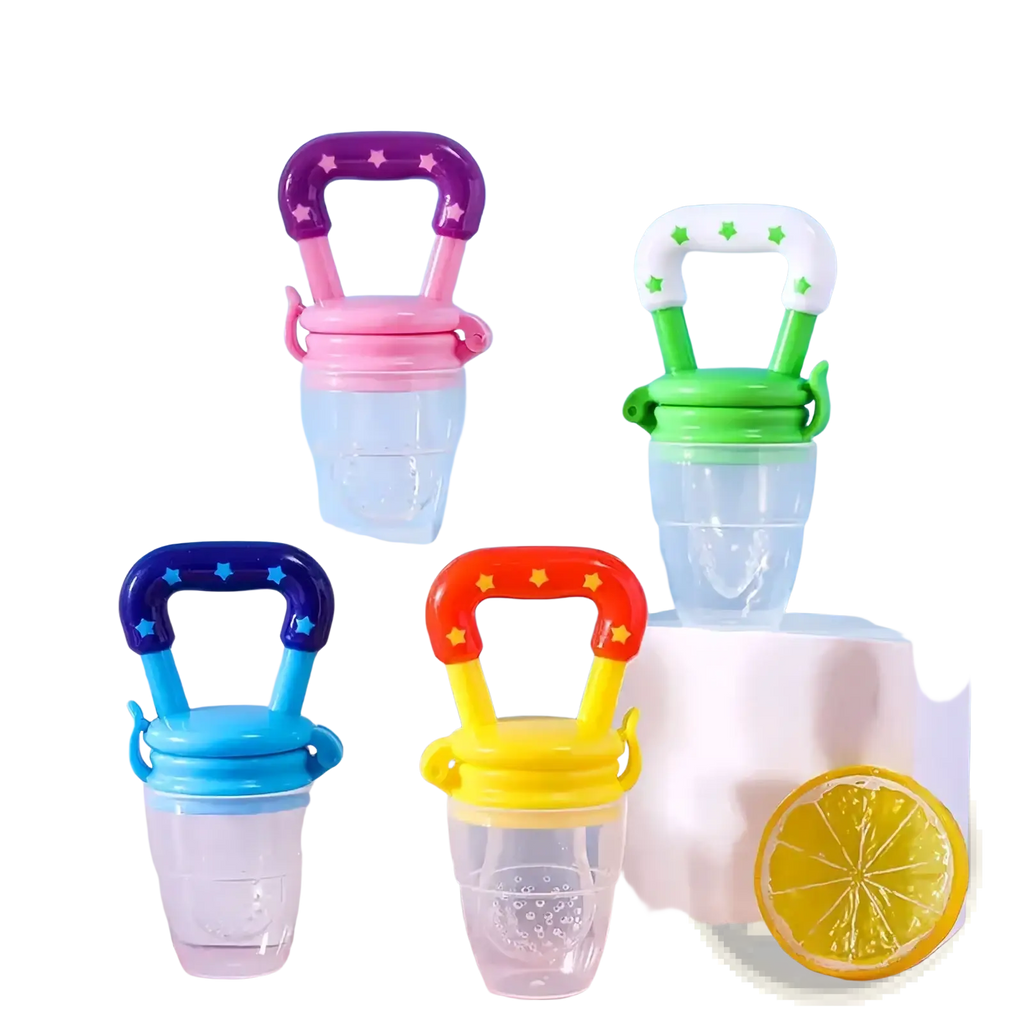 Colorful silicone baby fruit feeder and teether spoon with star-patterned handles in purple pink green blue and yellow