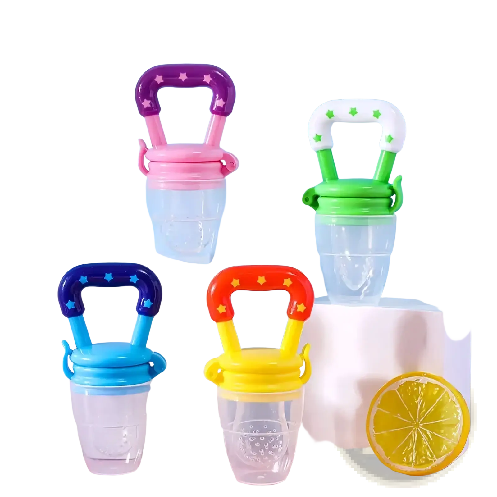 Colorful silicone baby fruit feeder and teether spoon with star-patterned handles in purple pink green blue and yellow