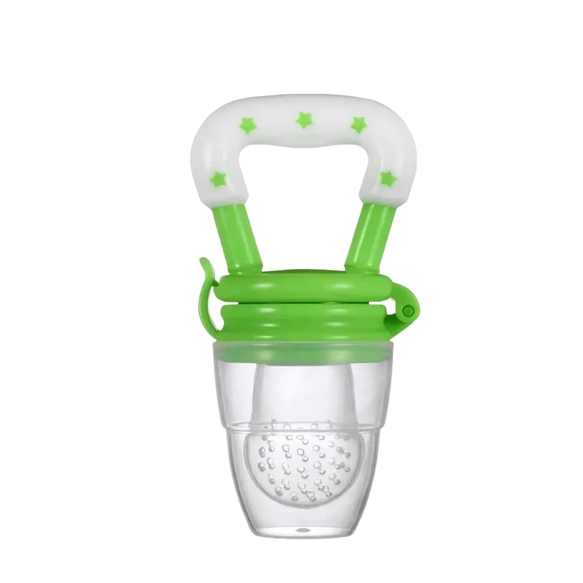 Green and white silicone baby fruit feeder and teether spoon with star patterned handle for safe feeding and teething
