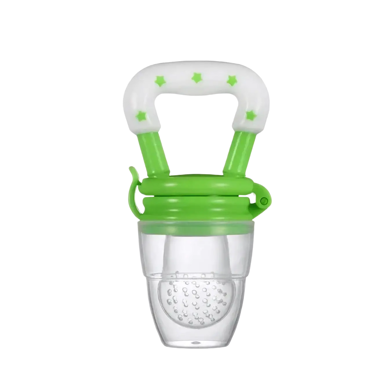Silicone baby fruit feeder and teether spoon in green and white with star-patterned handle for safe feeding