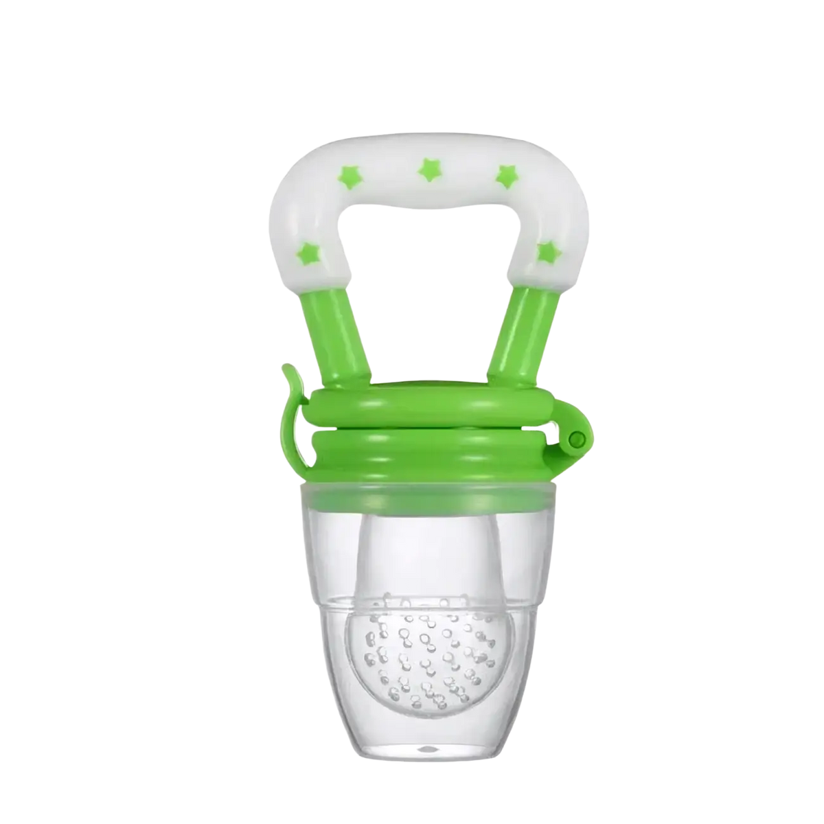 Silicone baby fruit feeder and teether spoon with green and white silicone and star-patterned handle