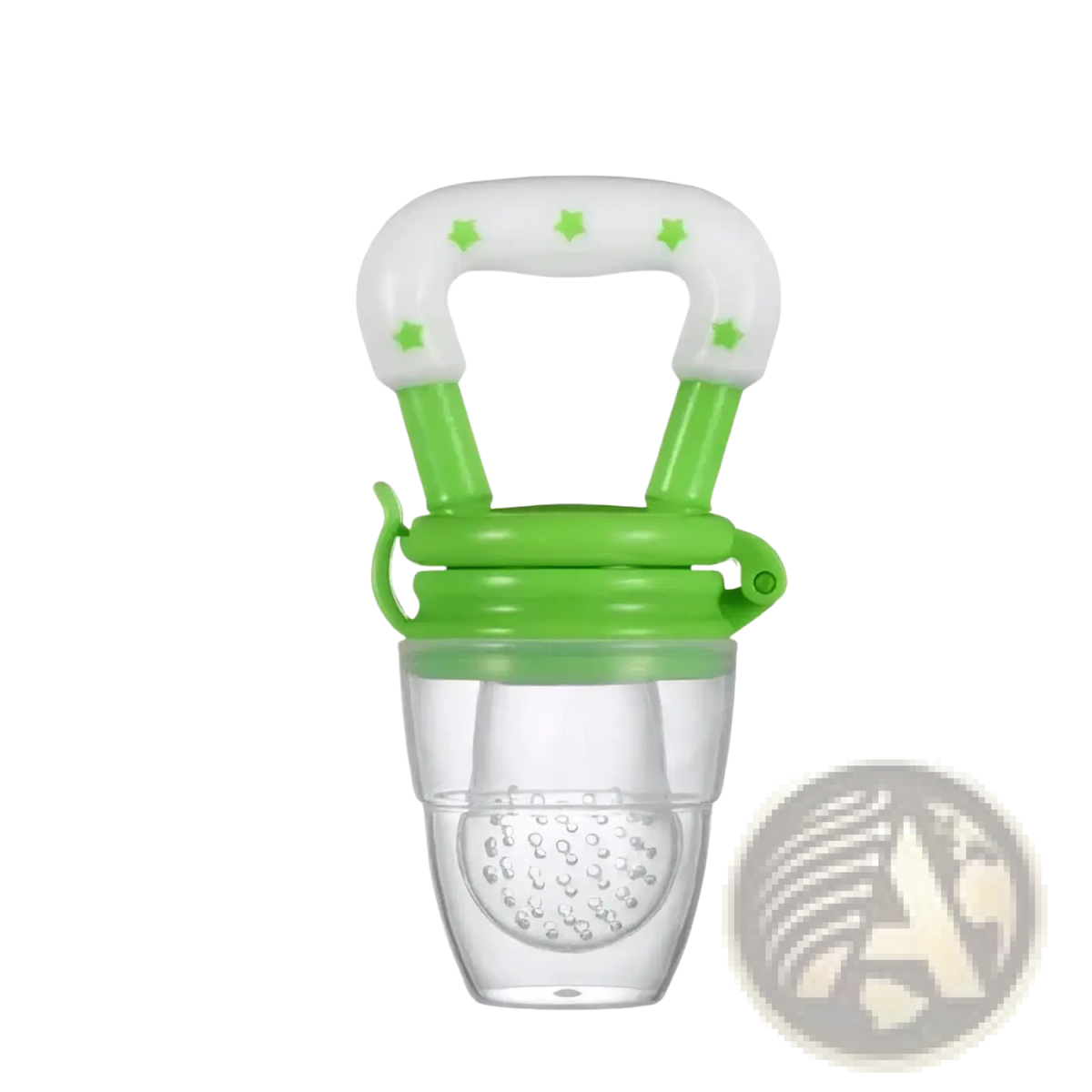 Green and white silicone baby fruit feeder and teether spoon with star patterned handle for safe feeding and teething