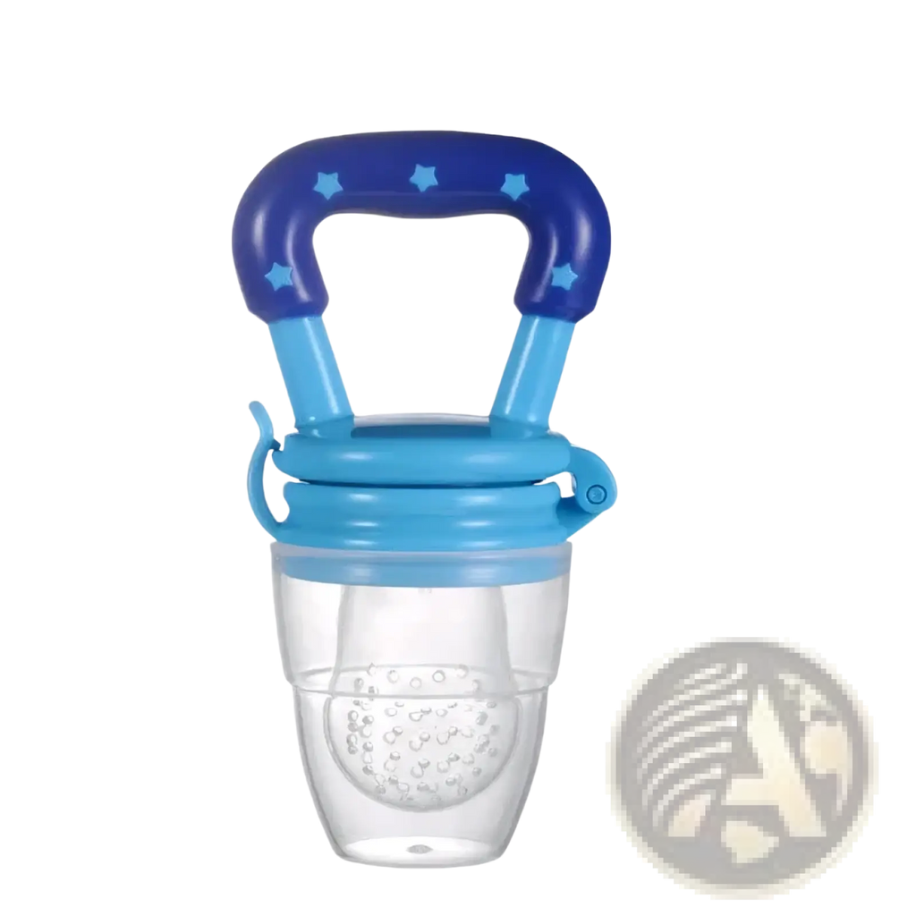 Silicone baby fruit feeder and teether spoon with blue star-patterned handle, light blue accents, and clear silicone feeder