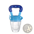 Silicone baby fruit feeder and teether spoon with blue star-patterned handle, light blue accents, and clear silicone feeder