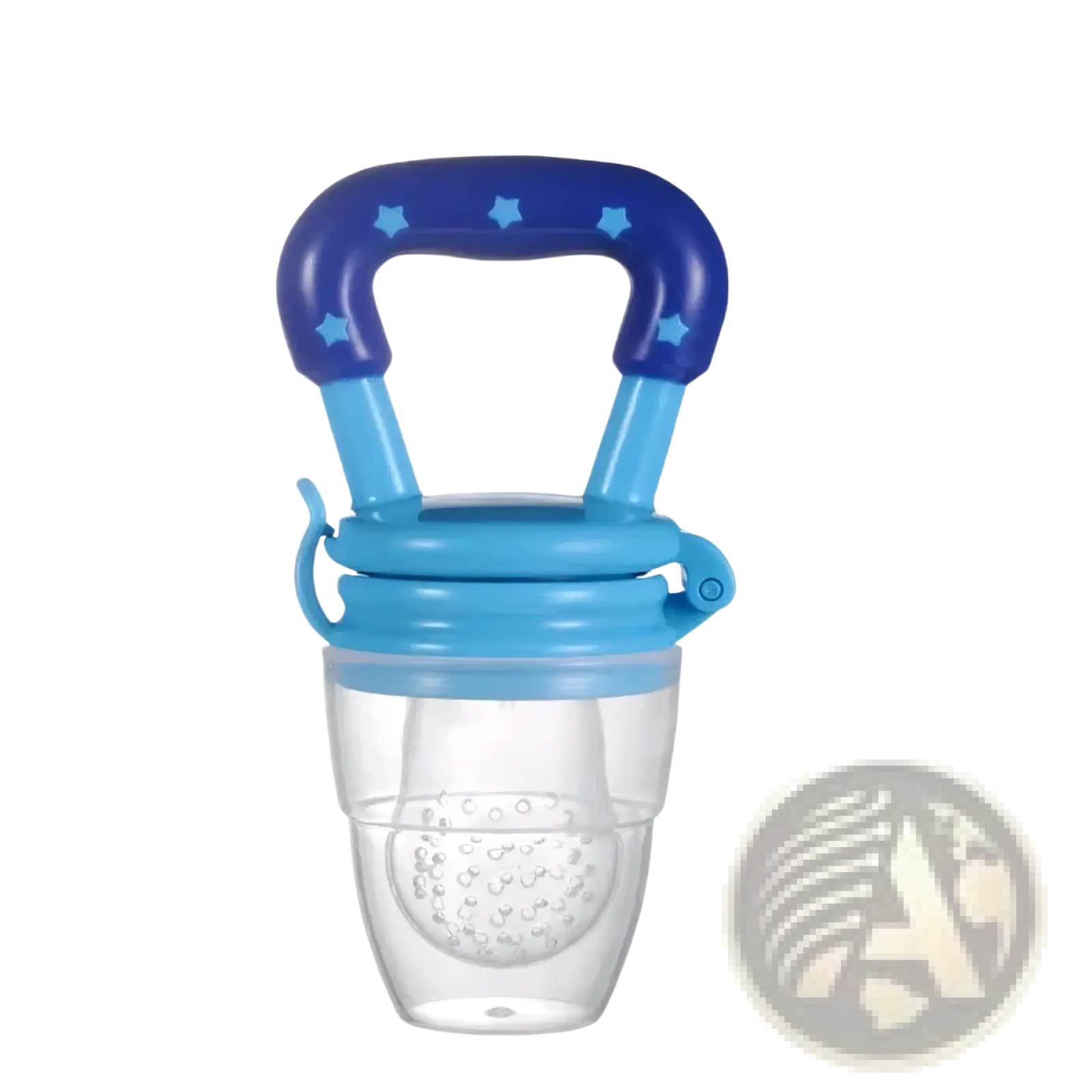 Silicone baby fruit feeder and teether spoon with blue star-patterned handle, light blue accents, and clear silicone feeder