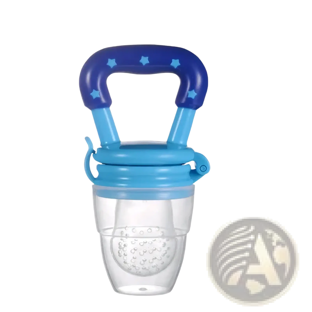 Silicone baby fruit feeder and teether spoon with blue star-patterned handle and translucent clear body for safe feeding