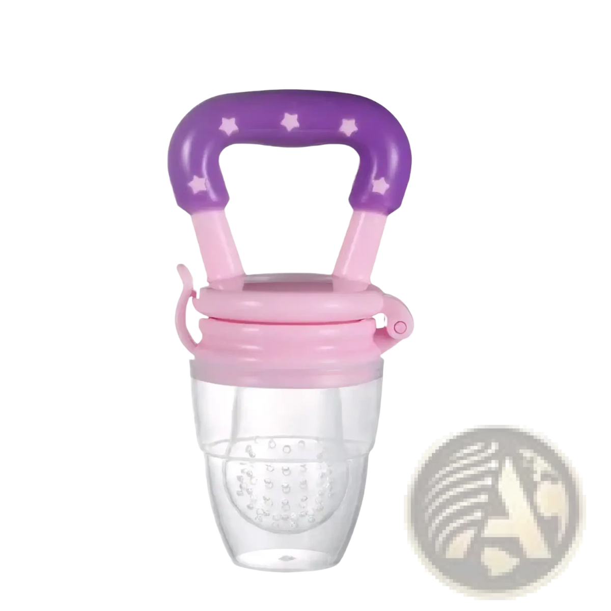 Silicone baby fruit feeder and teether spoon in purple and pink with star-shaped handle for safe feeding and teething
