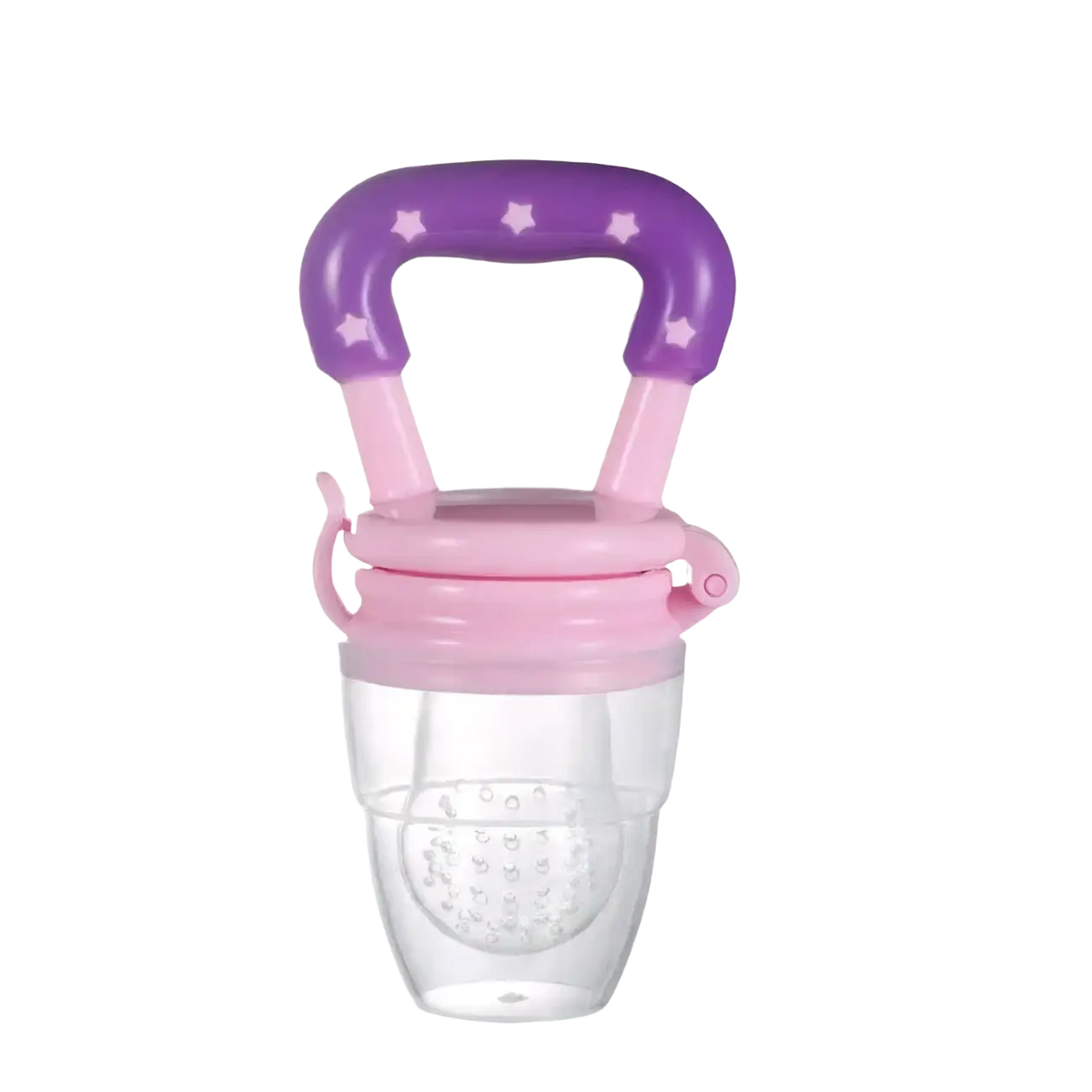 Silicone baby fruit feeder and teether spoon in purple and pink plastic with star patterns on the handle