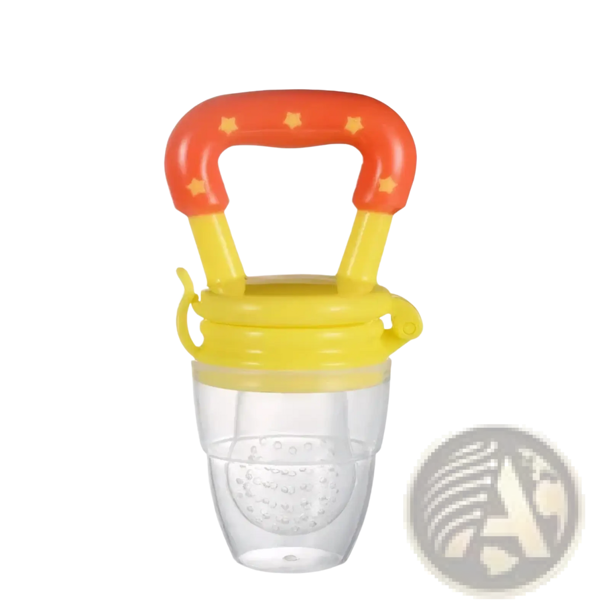 Silicone baby fruit feeder and teether spoon with bright orange yellow plastic star grip and clear silicone compartment