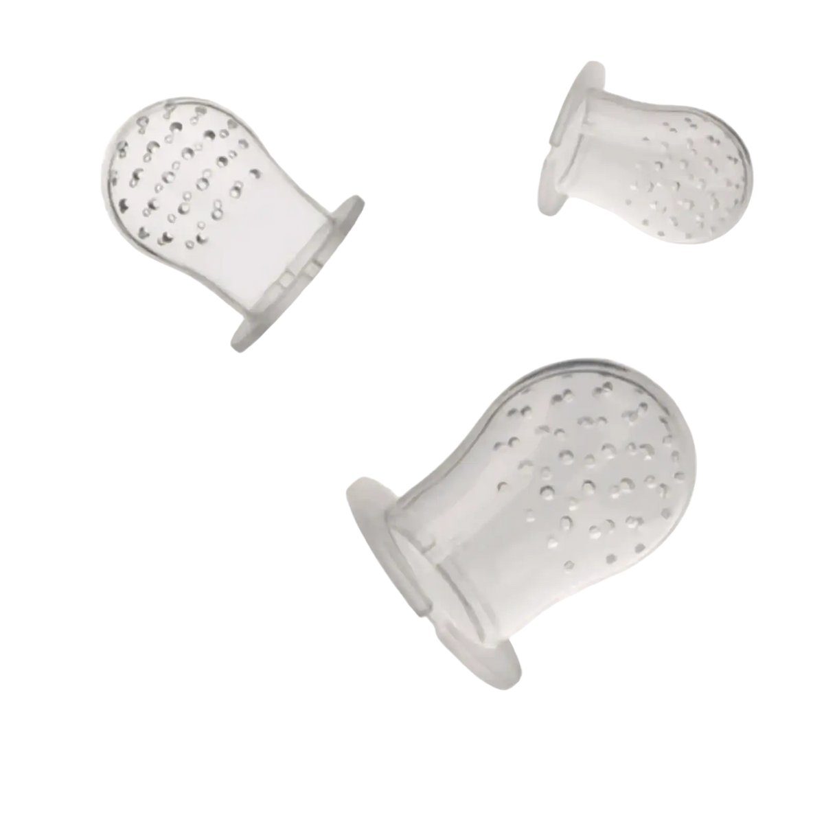Transparent silicone teething mittens in small medium and large sizes for baby fruit feeder and teether spoon use