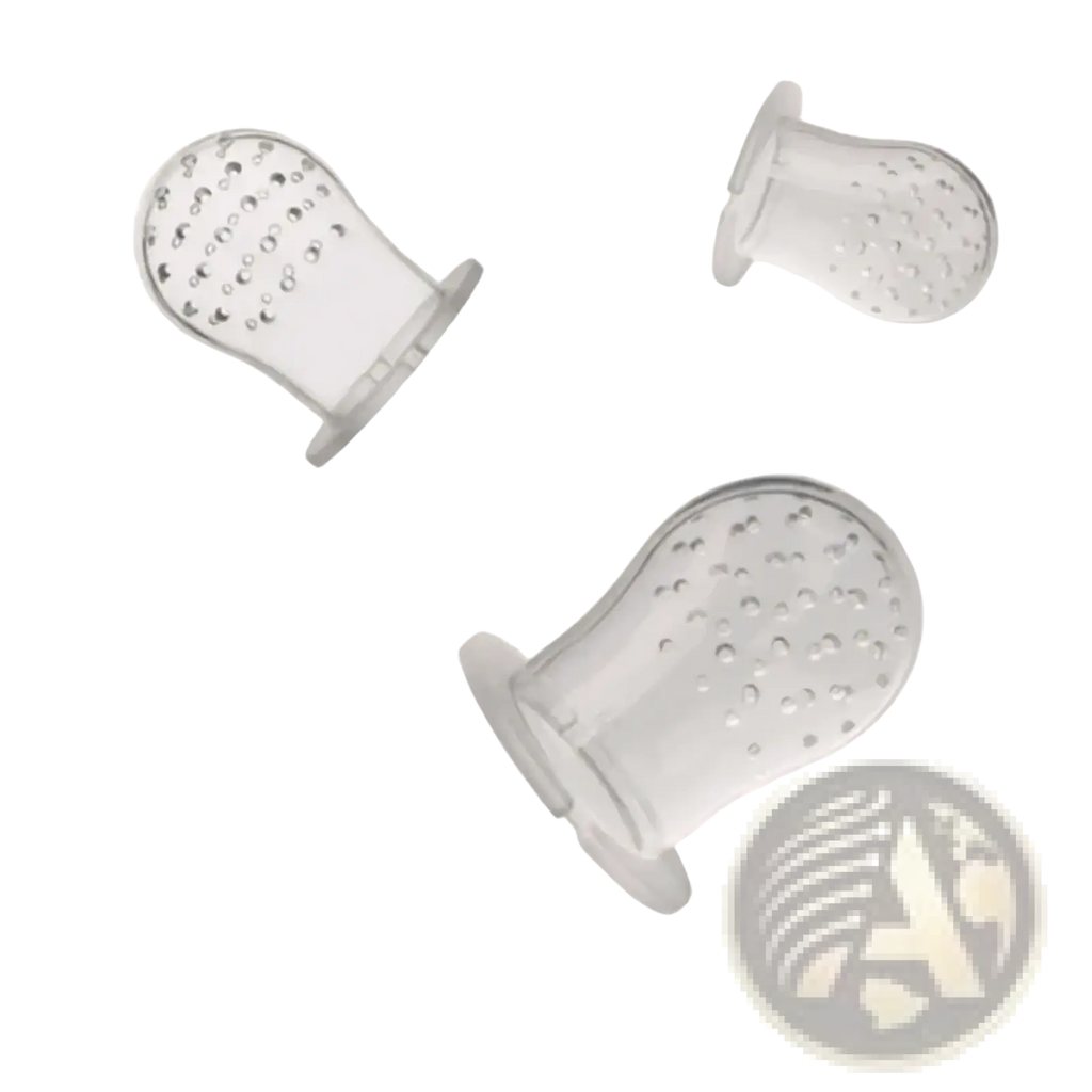 Transparent silicone teething mittens in small medium and large sizes for baby fruit feeder and teether spoon use