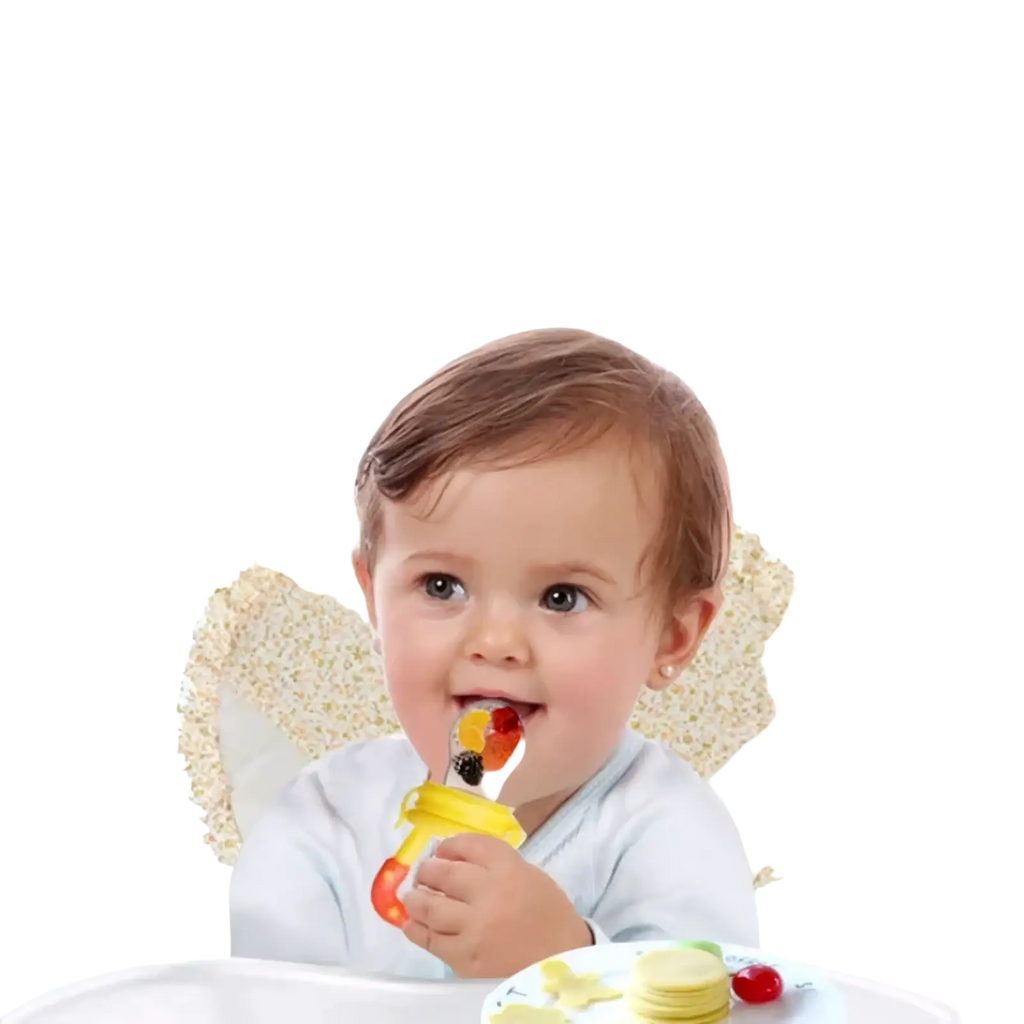 Yellow silicone baby fruit feeder and teether spoon with colorful fruit-shaped teeth for soothing teething babies