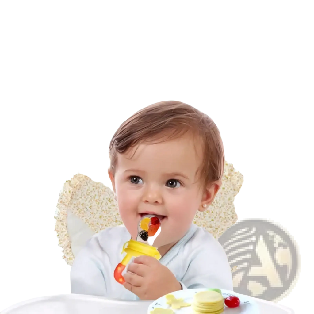 Yellow silicone baby fruit feeder and teether spoon with colorful fruit-shaped teeth for soothing teething babies