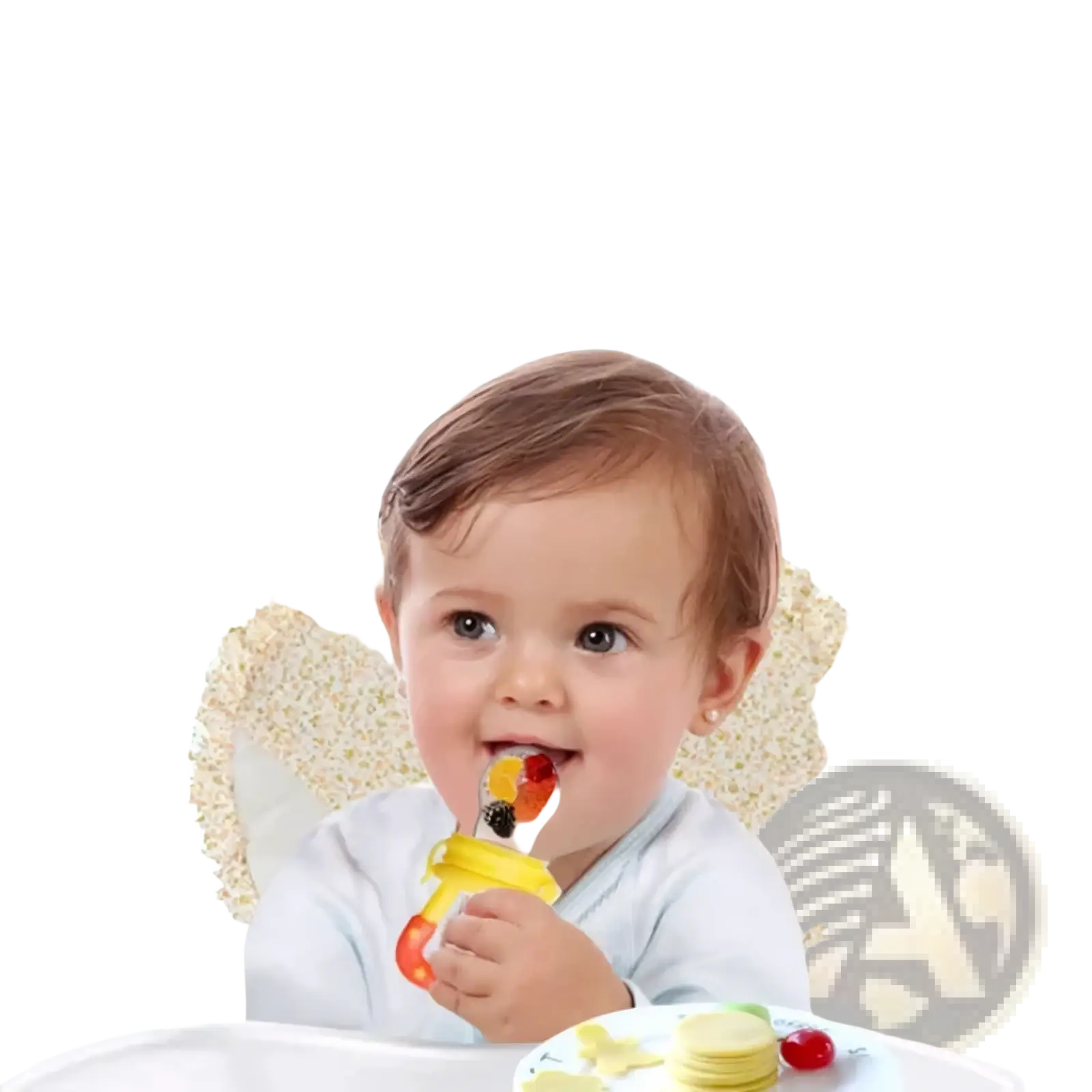 Yellow silicone baby fruit feeder and teether spoon with colorful fruit-shaped teeth for soothing teething babies