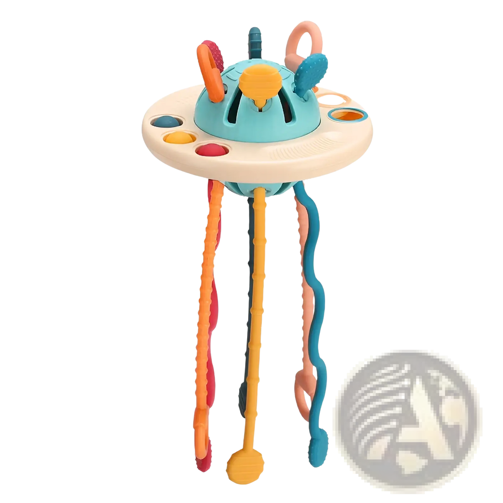 Silicone baby sensory teething toy shaped like a colorful ufo with soft textured appendages in orange yellow and teal