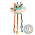 Silicone baby sensory teething toy shaped like a colorful ufo with soft textured appendages in orange yellow and teal