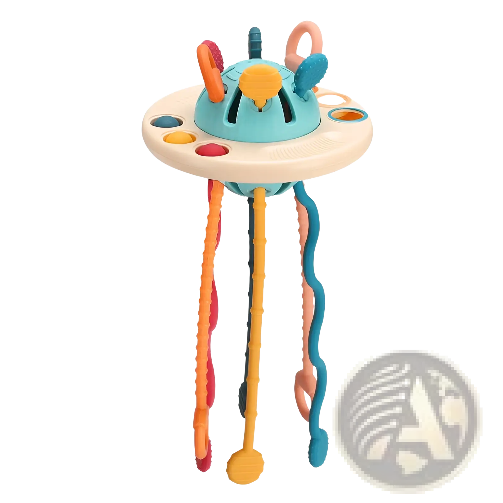Silicone baby sensory teething toy shaped like a colorful ufo with soft textured appendages in orange yellow and teal
