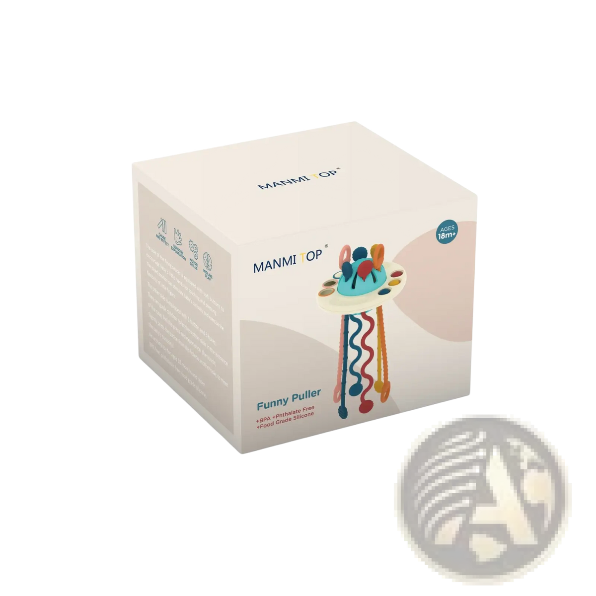 Silicone baby sensory teething toy shaped like a colorful jellyfish with blue top and multicolored wavy ribbons