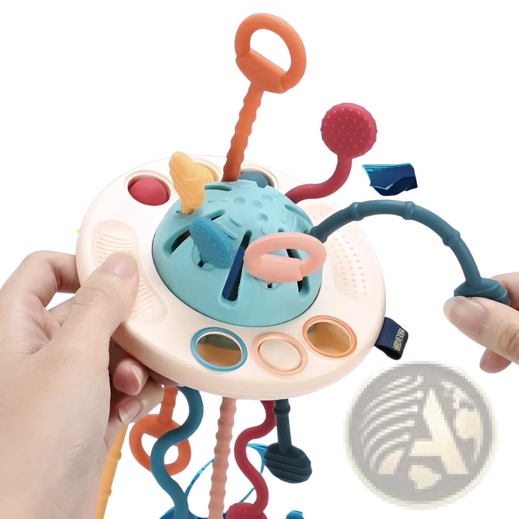 Silicone baby sensory teething toy with a central teal ball multicolored rings and textured elements for sensory play