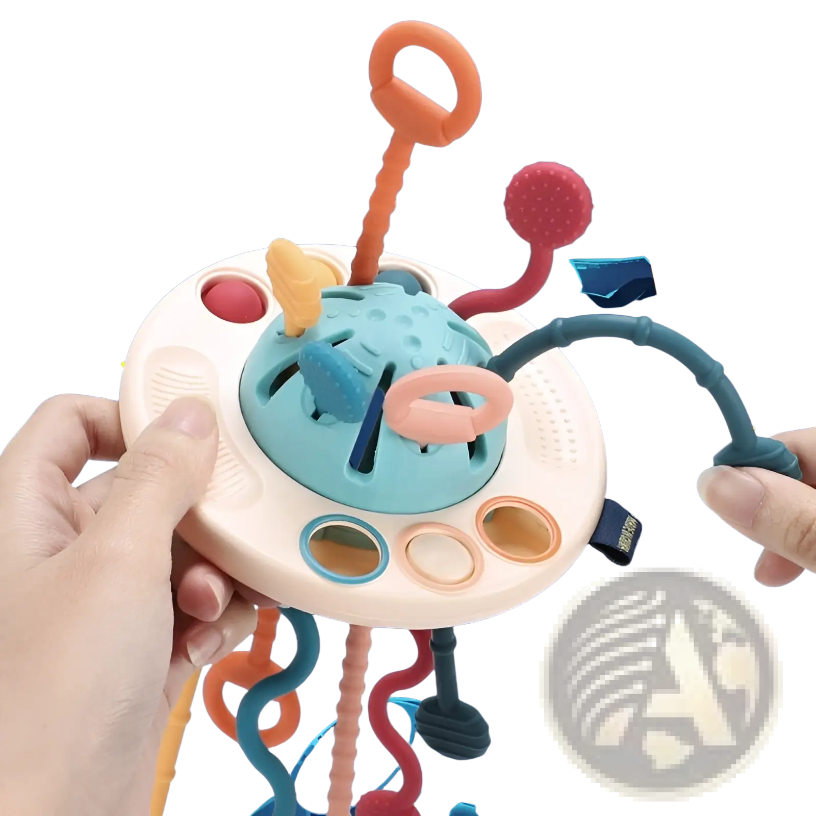 Silicone baby sensory teething toy with a central teal ball multicolored rings and textured elements for sensory play