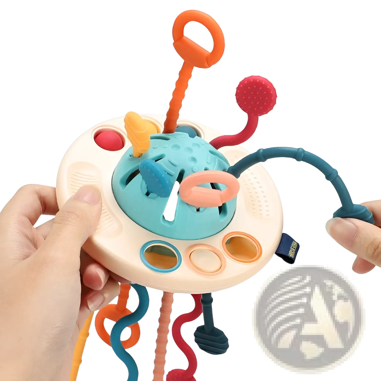 Beige and teal silicone baby sensory teething toy with colorful attachments rings and textured elements for play