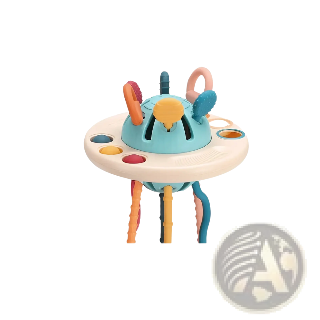 Silicone baby sensory teething toy with ribbons in a colorful round design featuring a light blue dome and textured rings