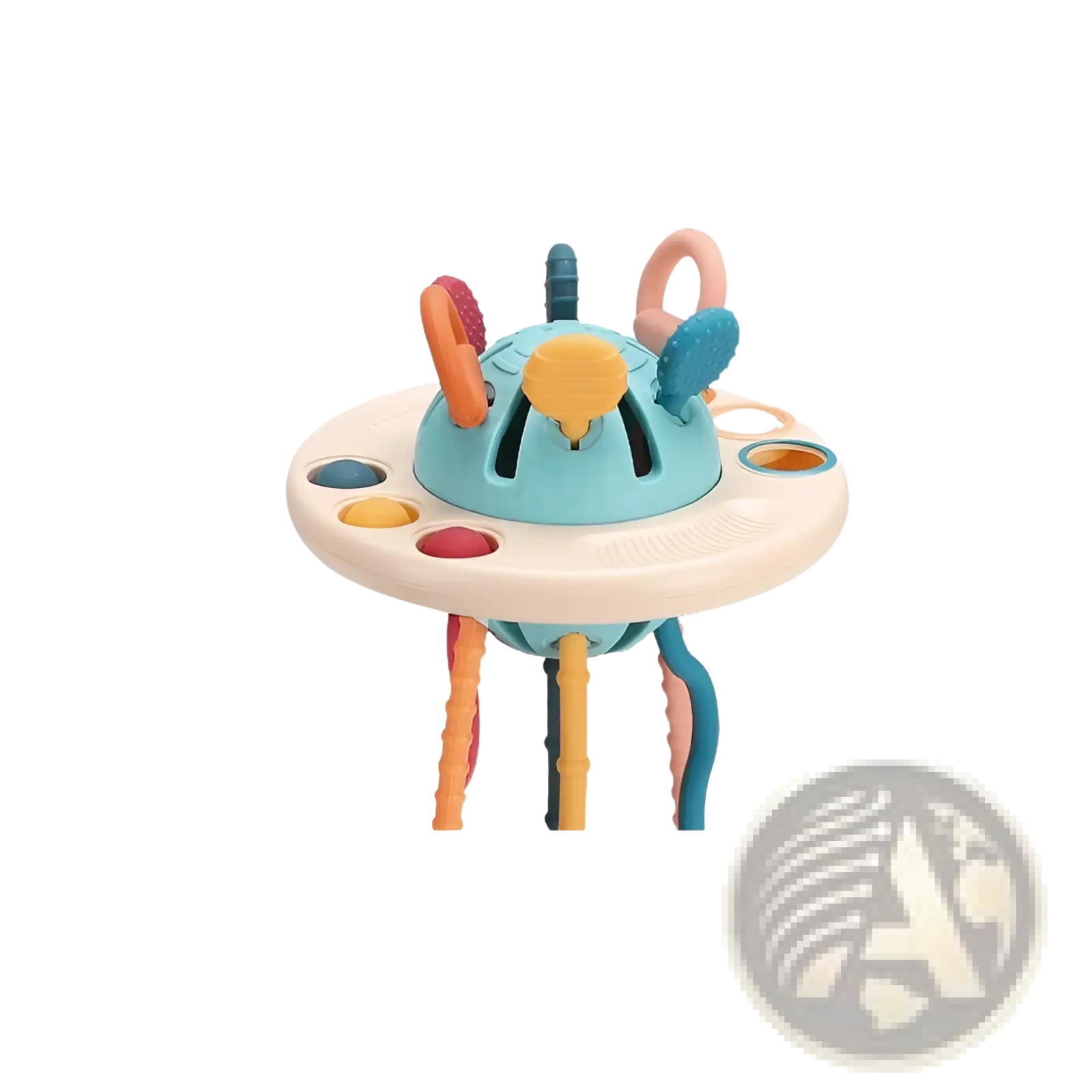 Silicone baby sensory teething toy with ribbons in a colorful round design featuring a light blue dome and textured rings