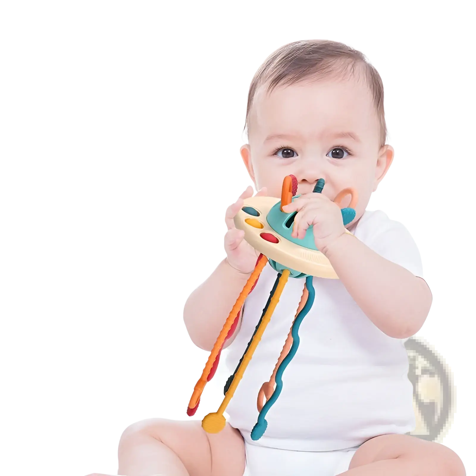 A baby holds a silicone baby sensory teething toy with a wooden base and colorful orange yellow teal and red ribbons