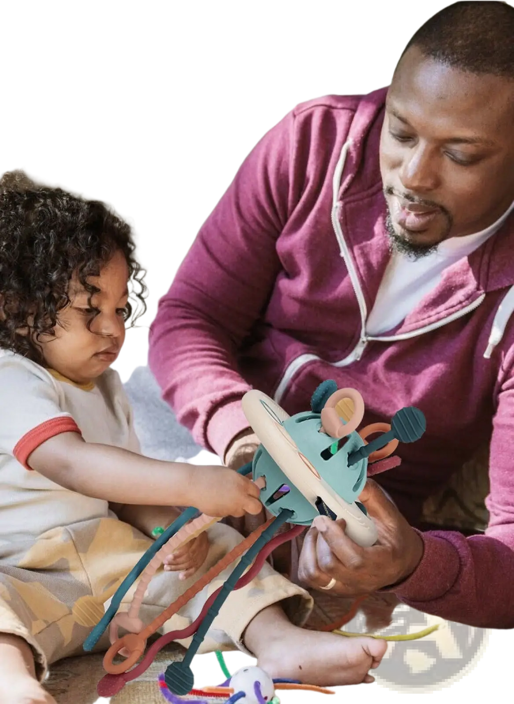 Silicone baby sensory teething toy with teal wooden base and colorful flexible ribbons for tactile stimulation