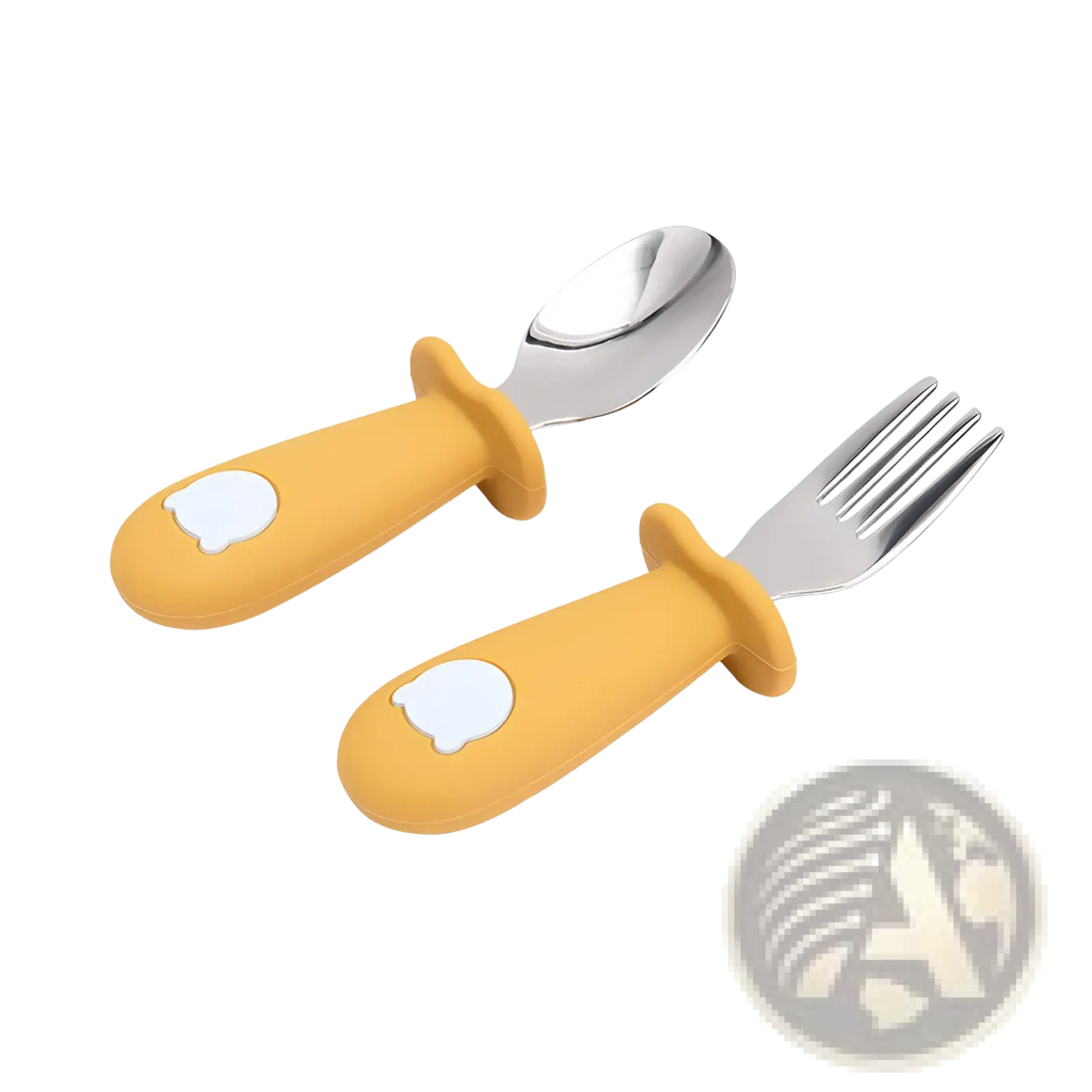 Yellow silicone-handled children’s spoon and fork set with stainless steel heads for baby feeding utensils