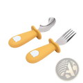 Yellow silicone-handled children’s spoon and fork set with stainless steel heads for baby feeding utensils