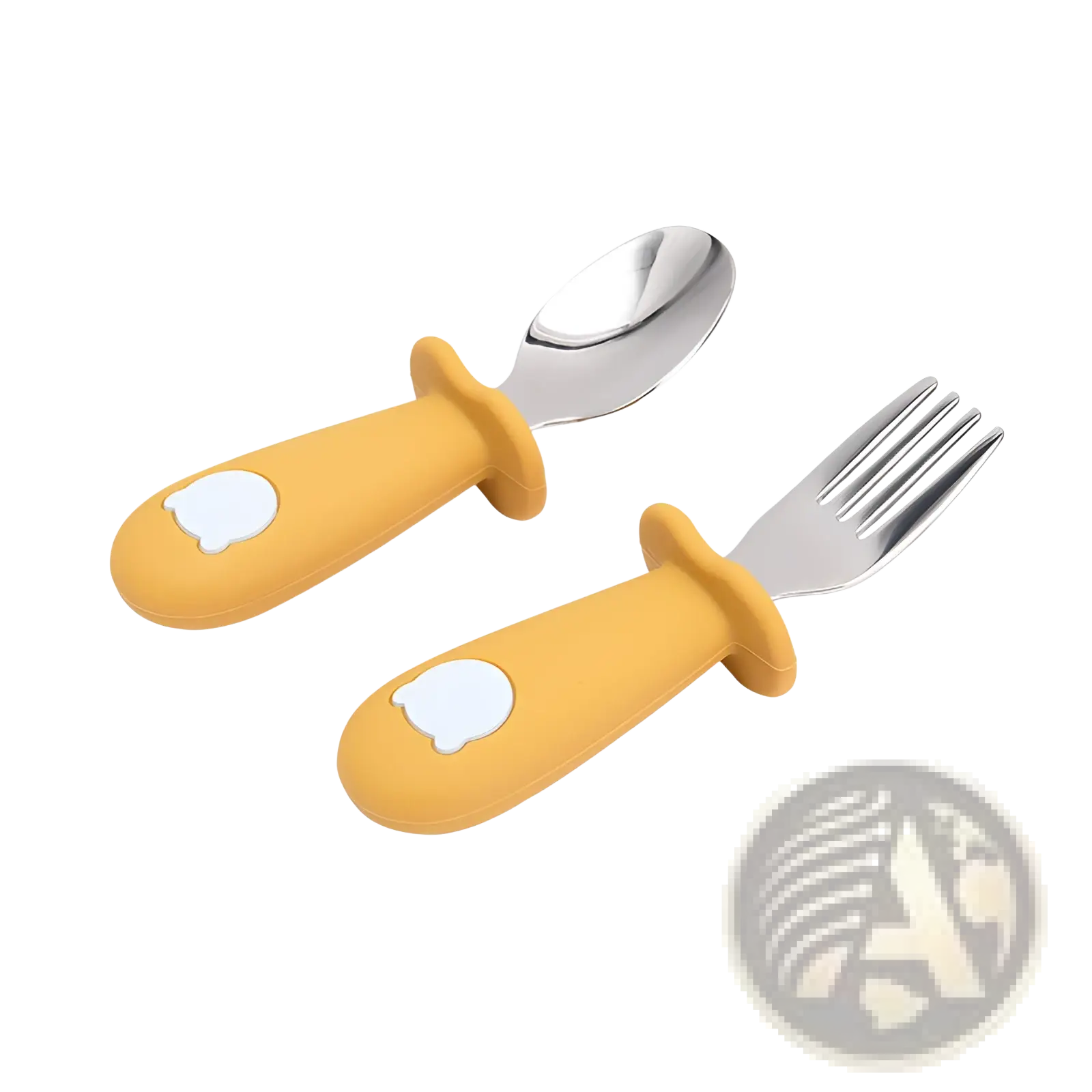Yellow silicone-handled children’s spoon and fork set with stainless steel heads for baby feeding utensils