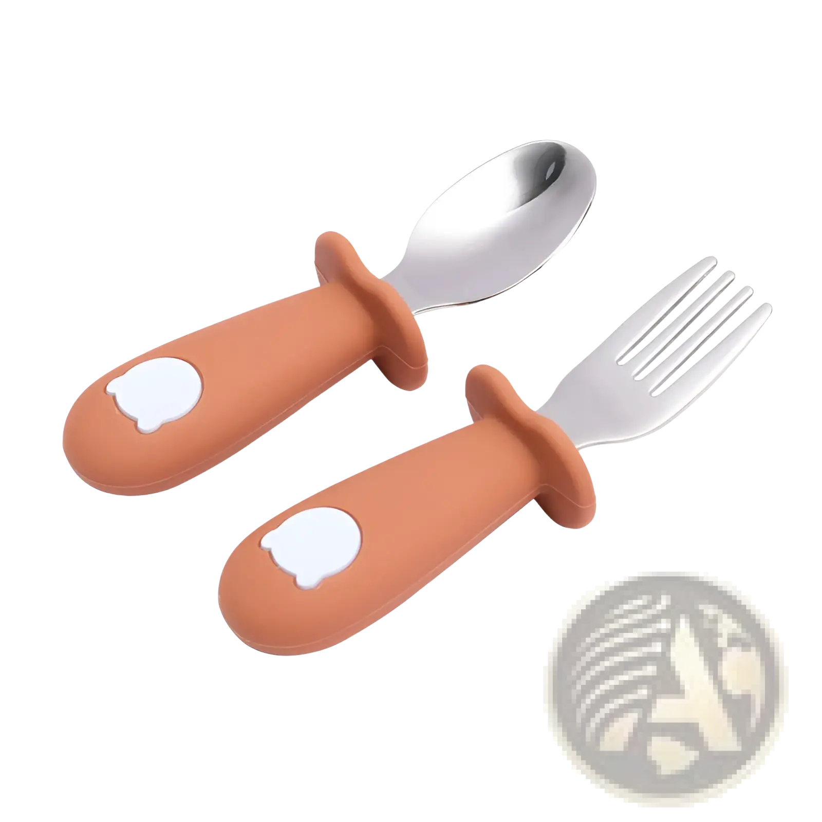 Silicone baby spoon and fork set with orange silicone bear face handles and stainless steel utensils for toddlers