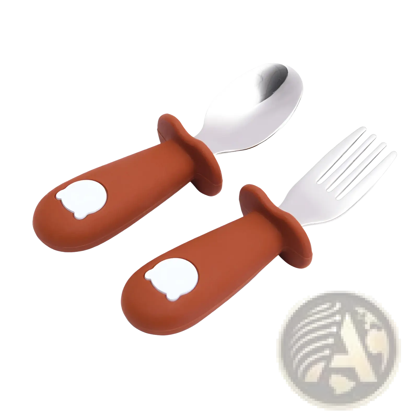 Silicone baby spoon and fork stainless steel cutlery set with brown silicone handles and white bear face decals