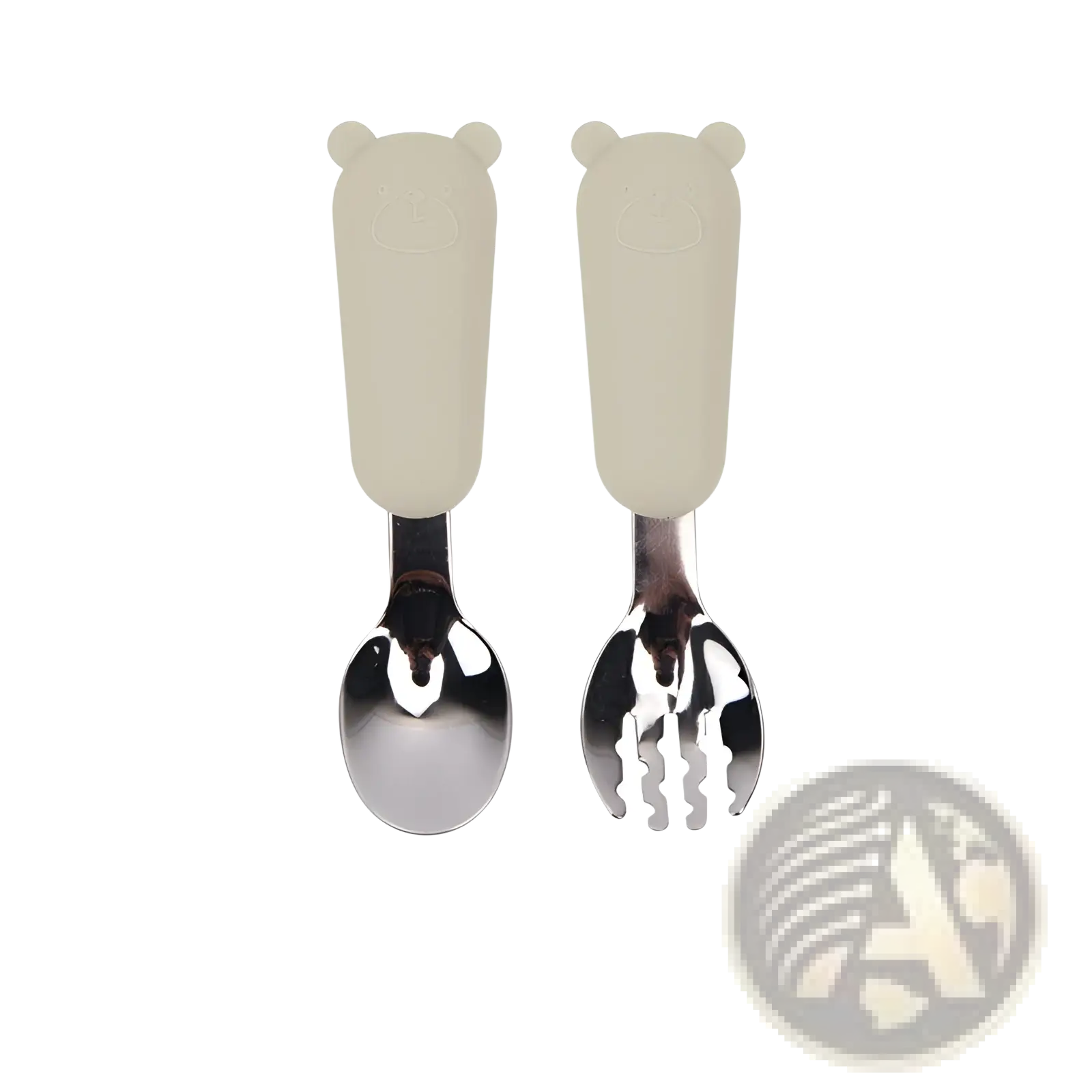 Cream-colored bear-shaped silicone baby spoon and fork cutlery set with shiny stainless steel heads for feeding