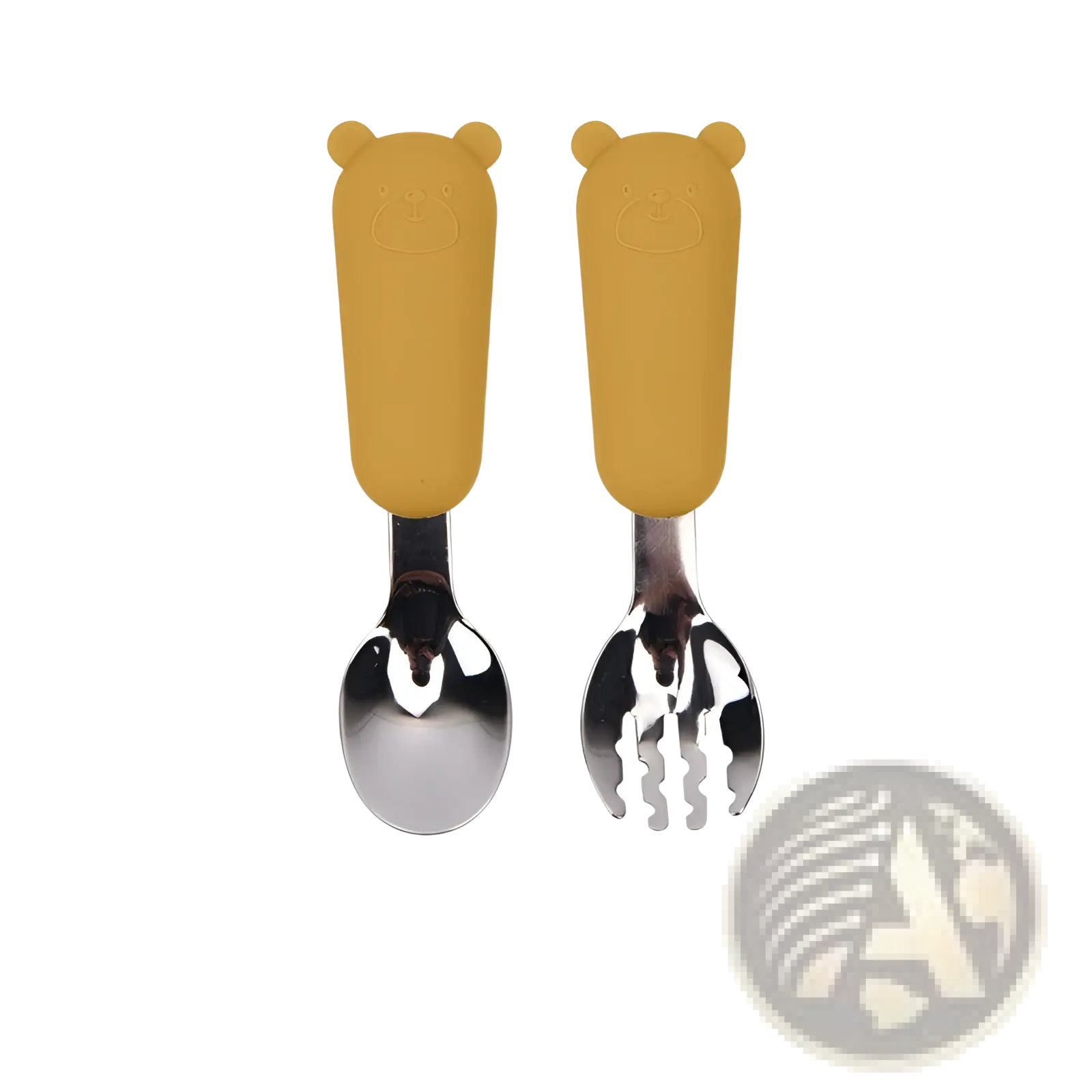 Silicone baby spoon and fork cutlery set with yellow bear-shaped silicone handles on stainless steel utensils
