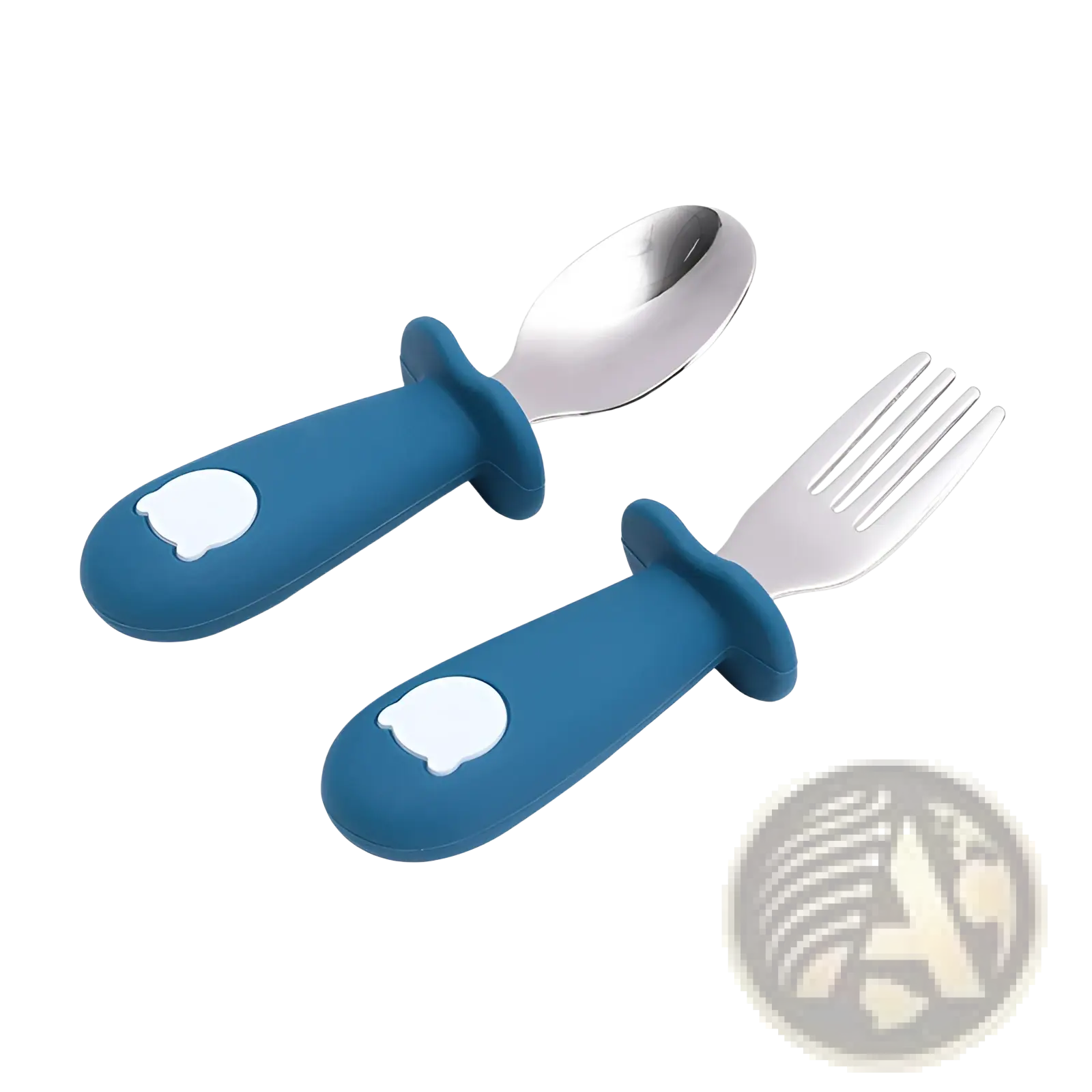 Silicone baby spoon and fork stainless steel cutlery set with blue silicone handles for children