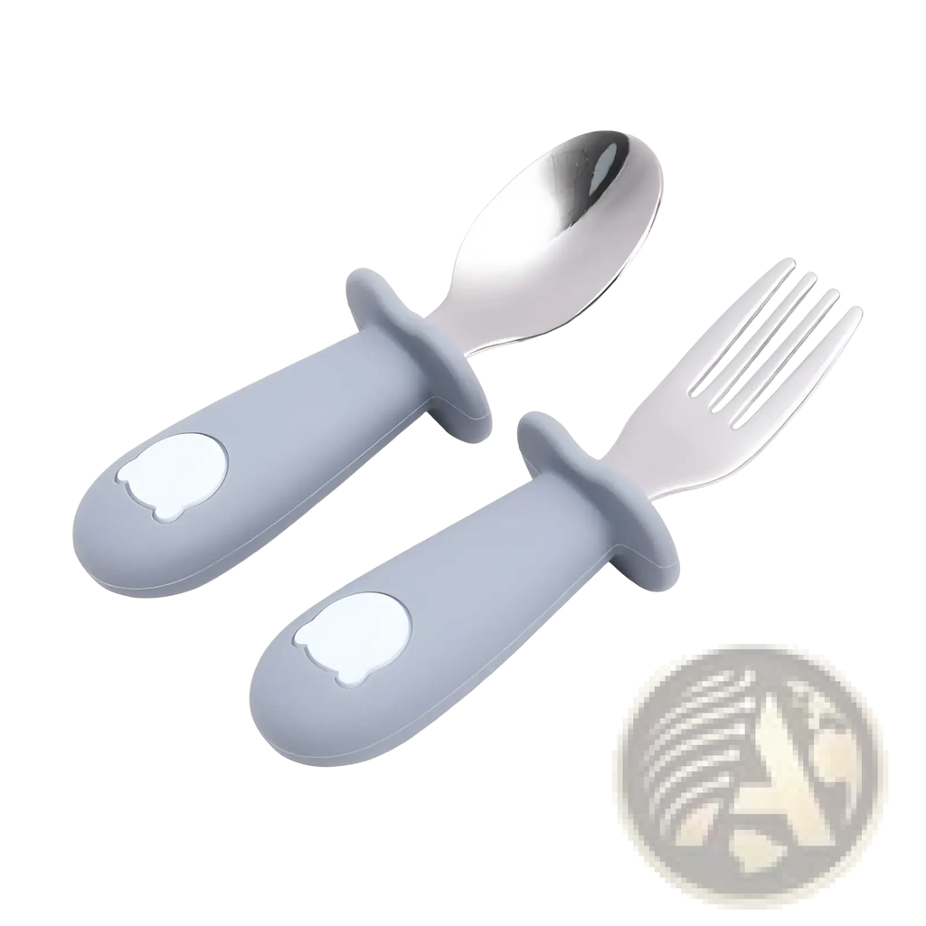 Gray silicone-handled baby spoon and fork set with stainless steel heads for toddler feeding and mealtime use