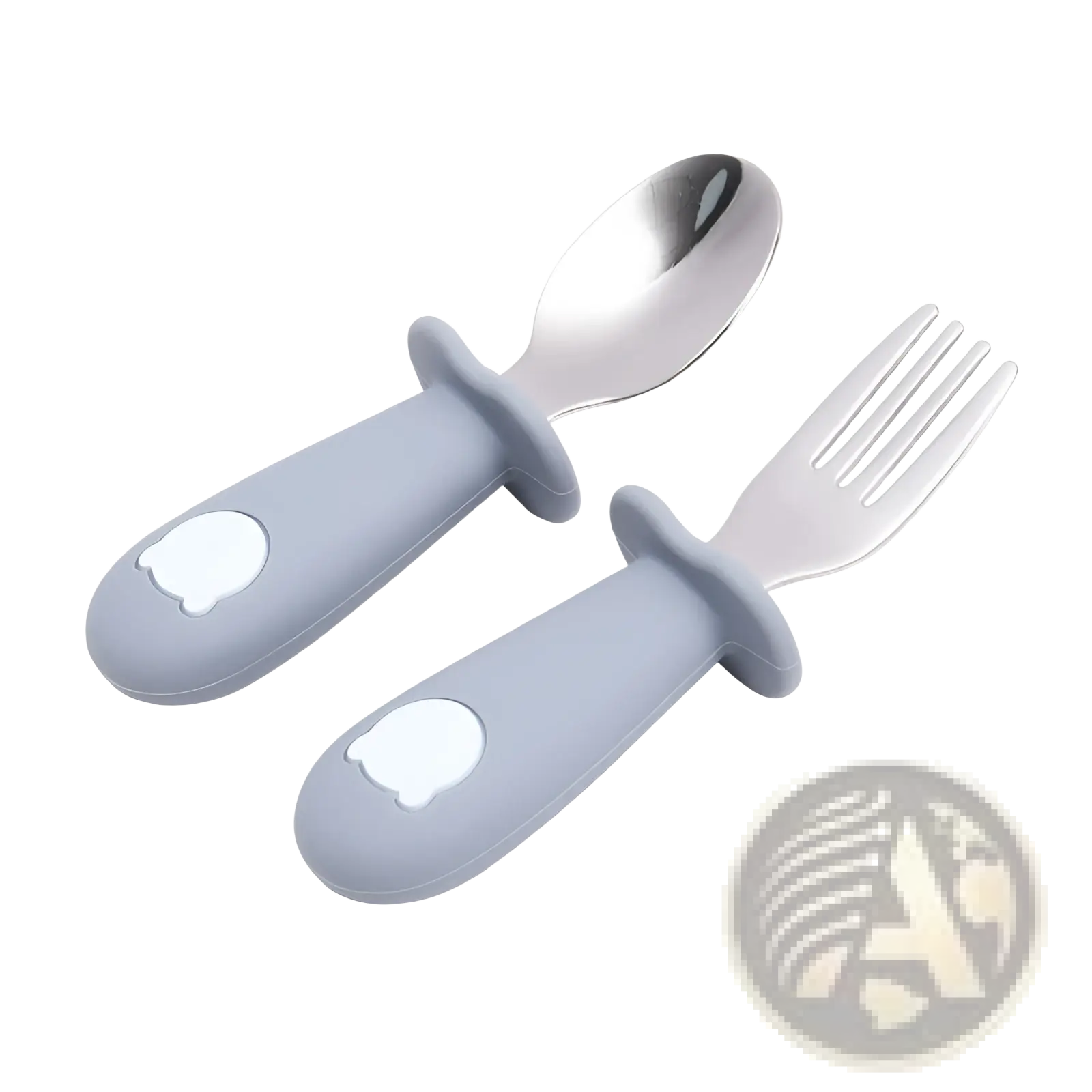 Gray silicone-handled baby spoon and fork set with stainless steel heads for toddler feeding and mealtime use