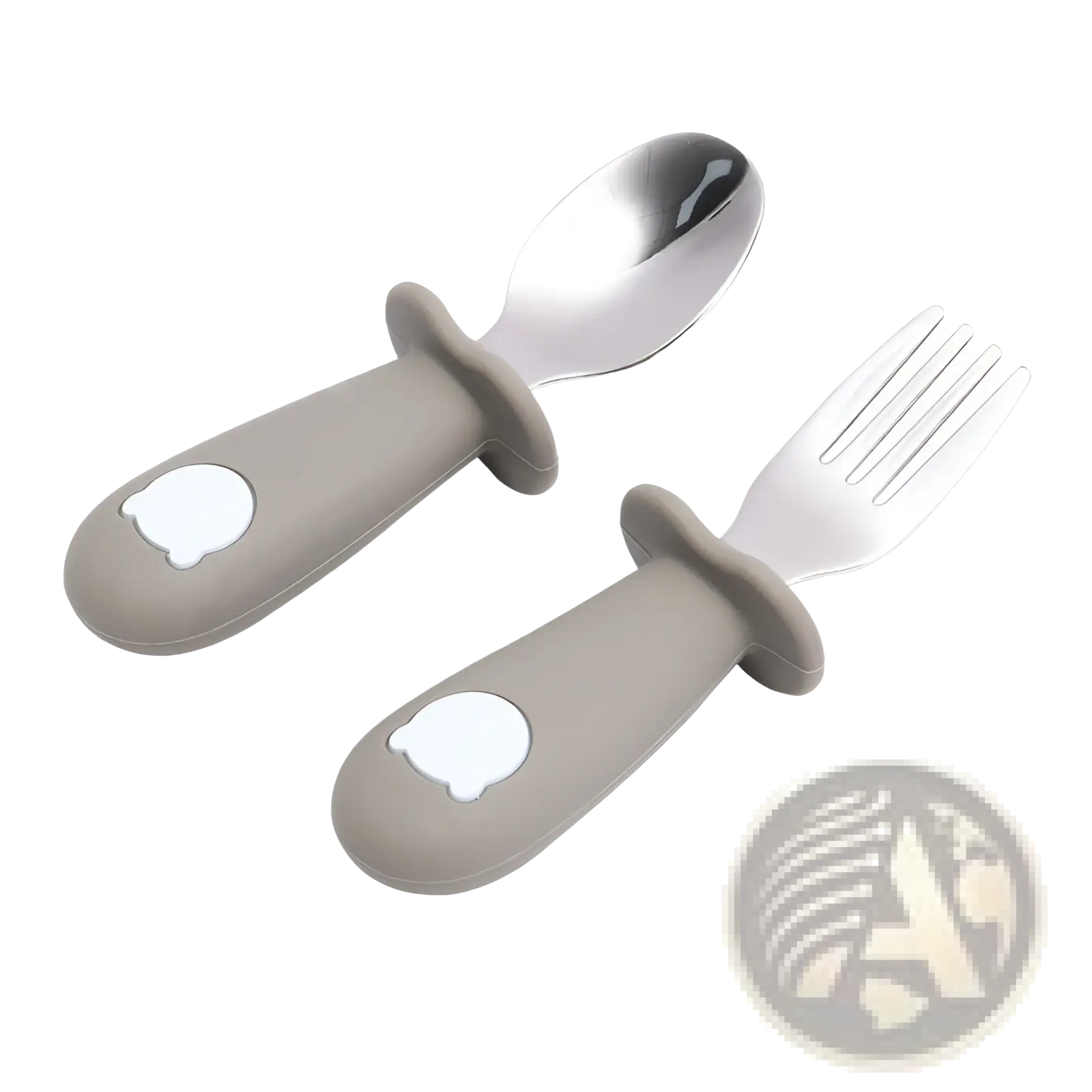 Silicone baby spoon and fork stainless steel cutlery set with gray silicone handles and white bear face decals