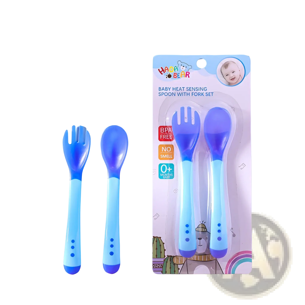 Blue and light blue silicone baby heat sensing spoon and stainless steel fork cutlery set in packaging for infants