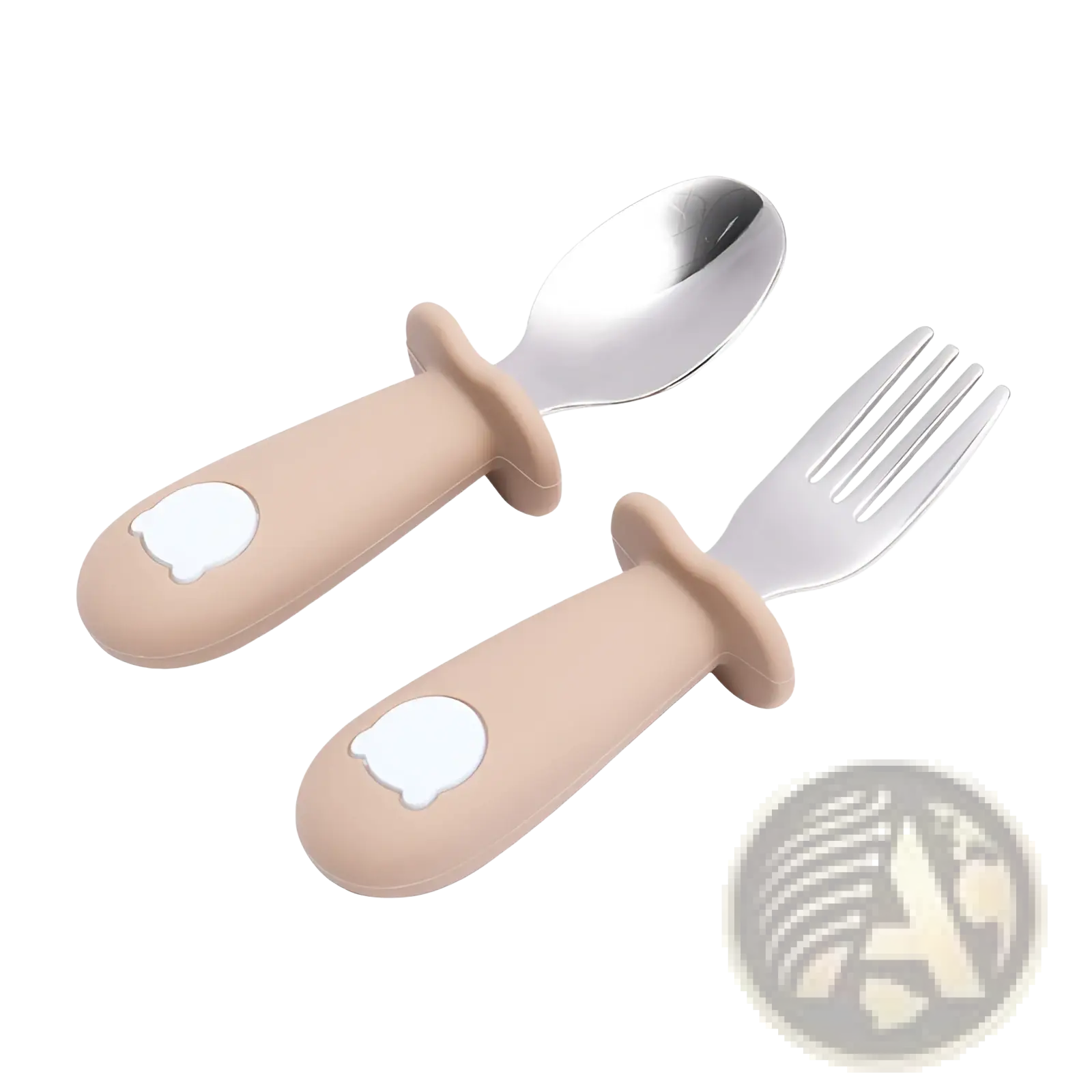 Beige silicone-handled baby spoon and fork set with stainless steel heads featuring white bear face decals