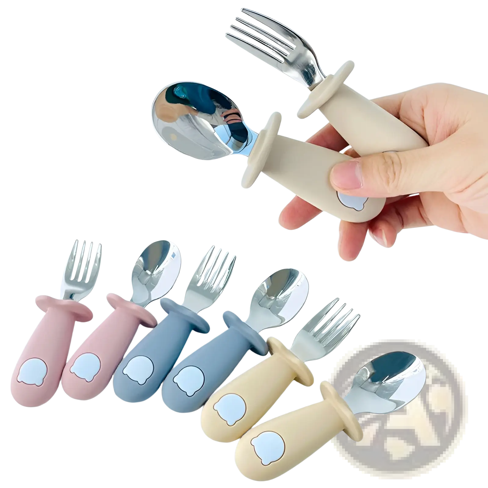 Beige silicone baby spoon and fork stainless steel cutlery set with cloud-shaped handles for children