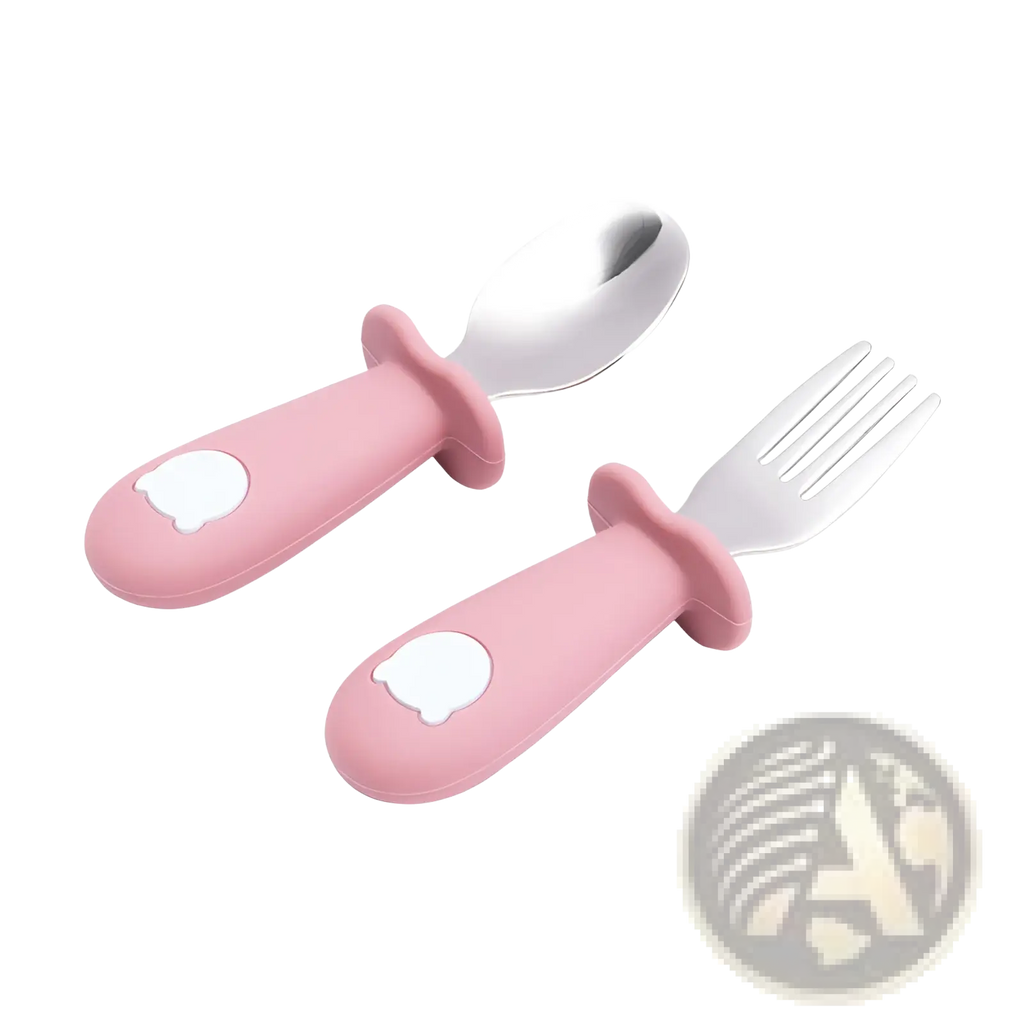 Pink silicone handled baby spoon and fork set with stainless steel heads for toddler feeding cutlery
