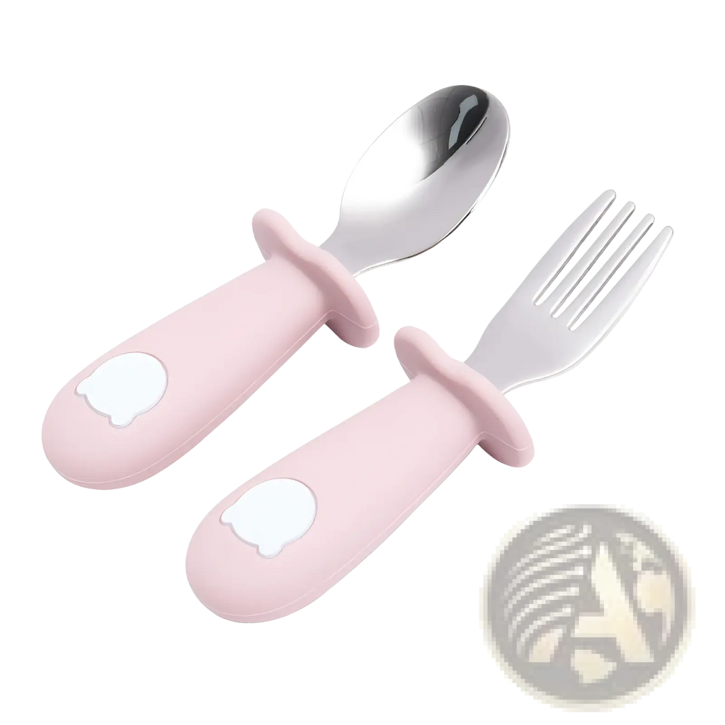 Silicone baby spoon and fork set with pink silicone handles and stainless steel heads for children