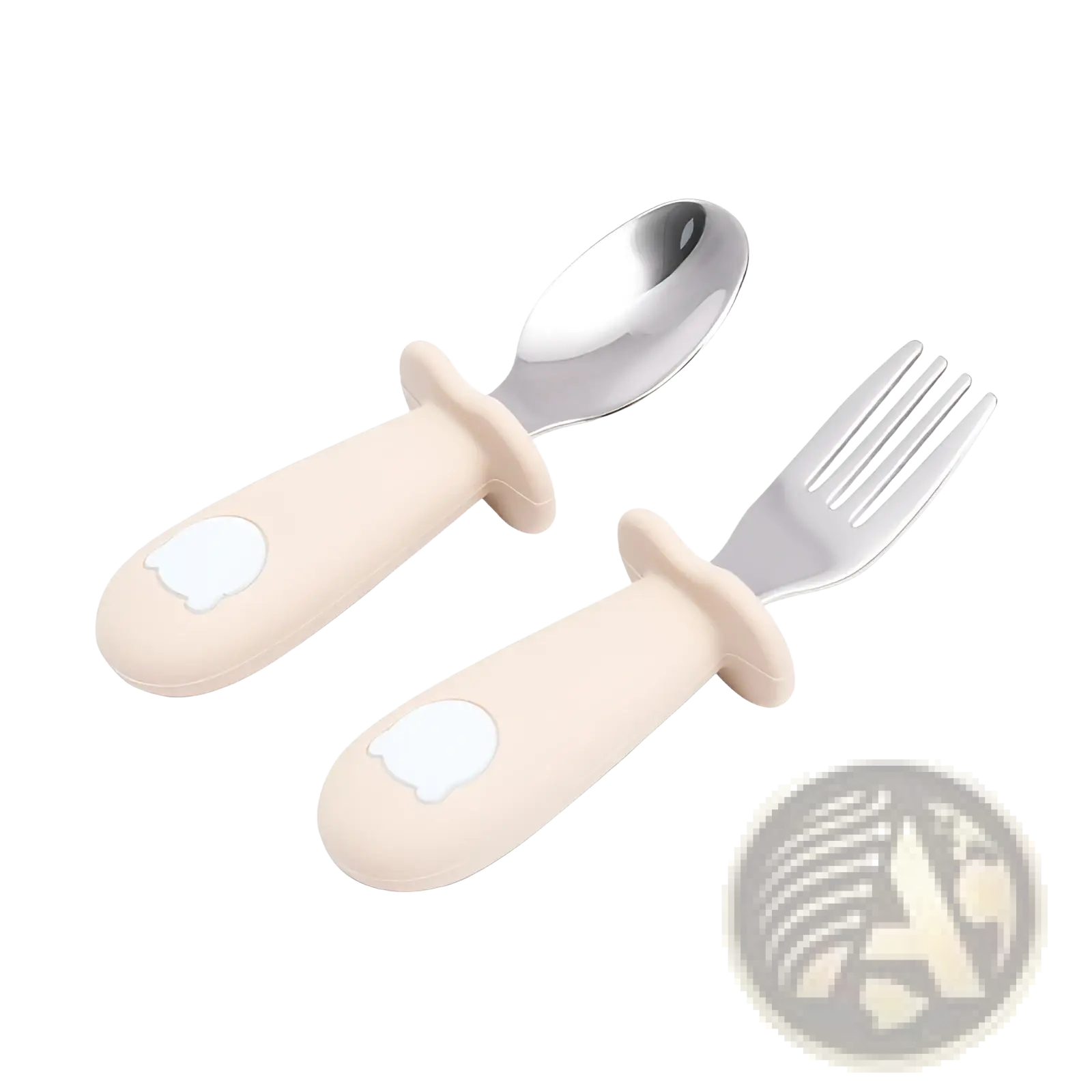 Cream-colored silicone handles with white bear face design on stainless steel baby spoon and fork cutlery set
