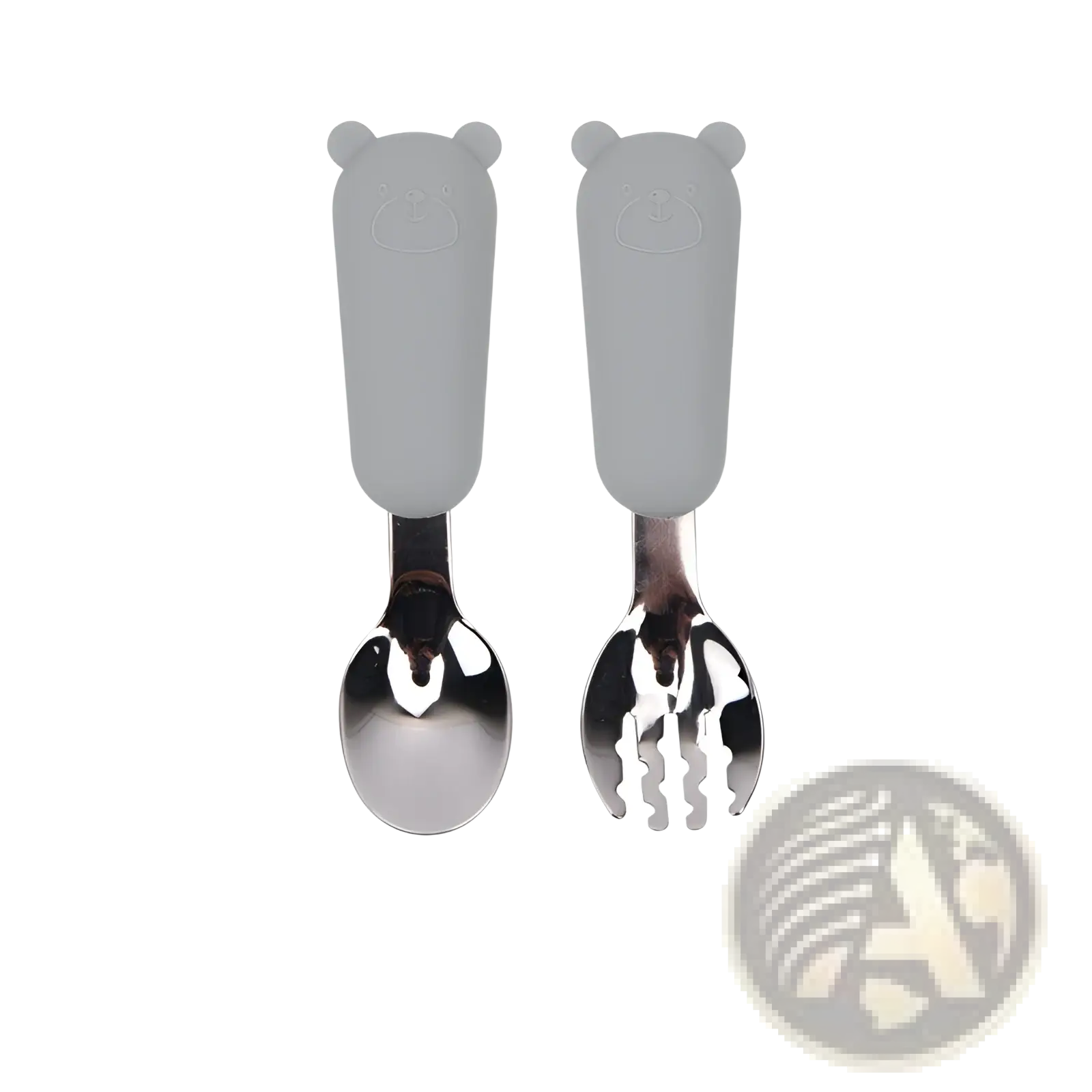 Gray silicone baby spoon and fork cutlery set with bear-shaped handles and stainless steel utensils