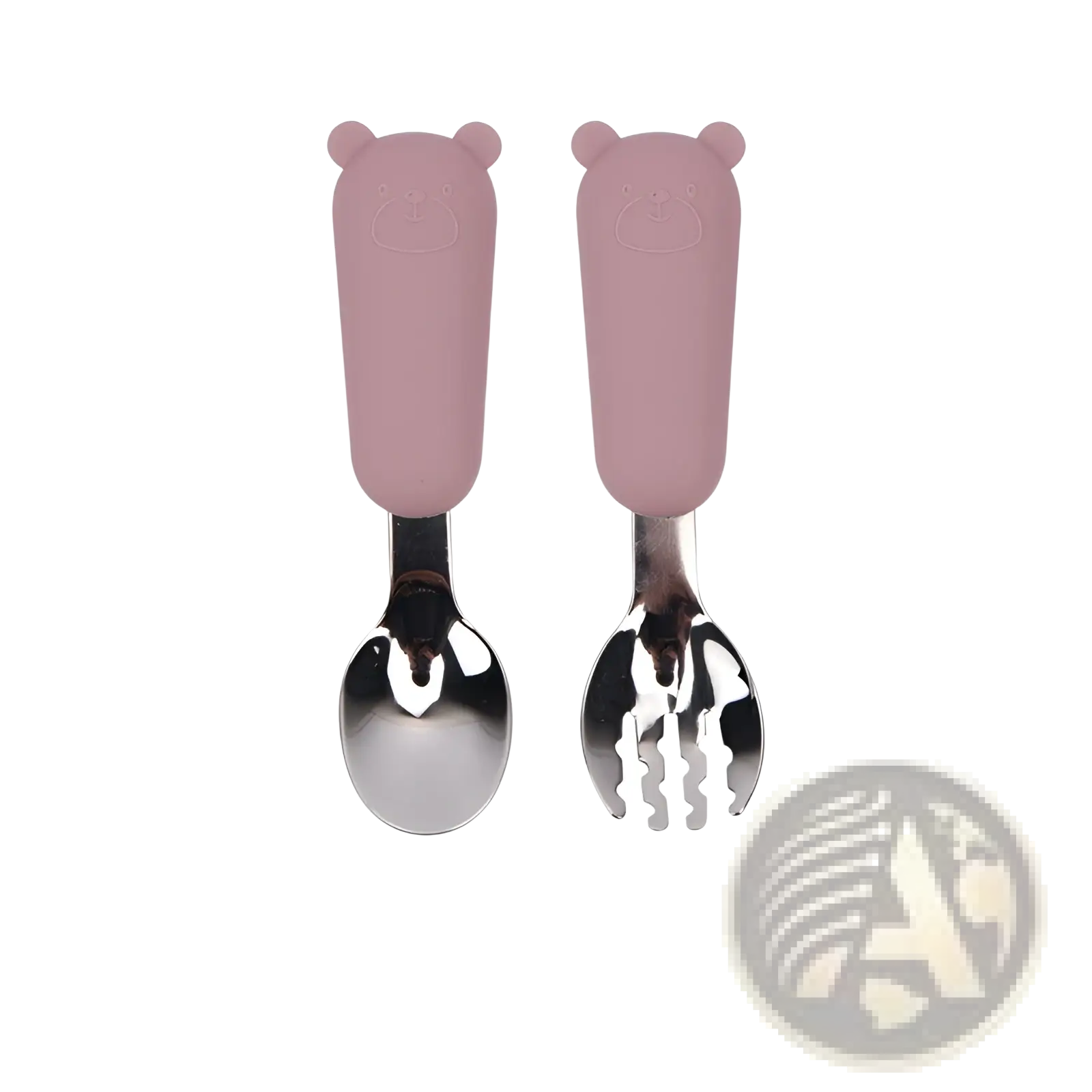 Pink silicone bear-shaped handles on a stainless steel silicone baby spoon and fork cutlery set for toddlers